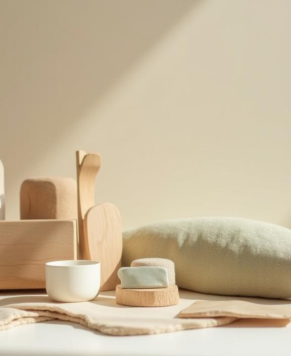 A close-up of sustainable materials like wood, linen, and ceramic.
